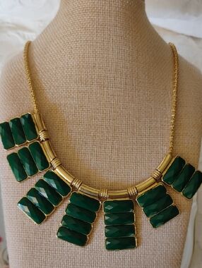 Gold tone Green Lucite Statement Necklace with Emerald Green Faceted Stones
